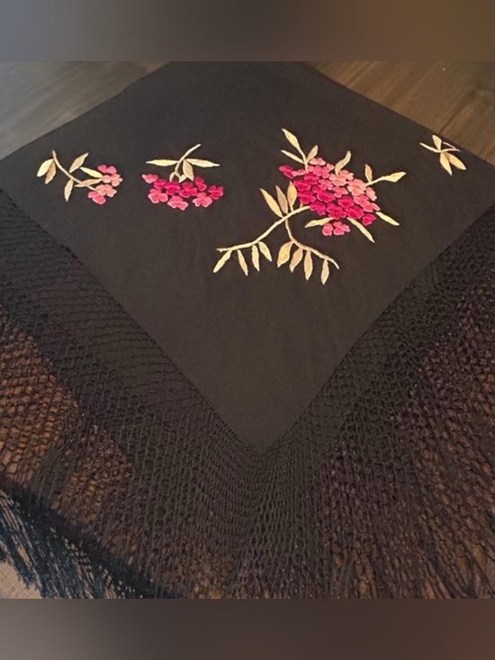 Accessories - Vintage 1920-30s Black Embroidered Piano Shawl with 21” Fringe